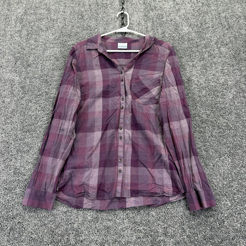 Columbia Shirt Womens L Purple Plaid Button Up Roll Tab Long Sleeve Cotton Fall
